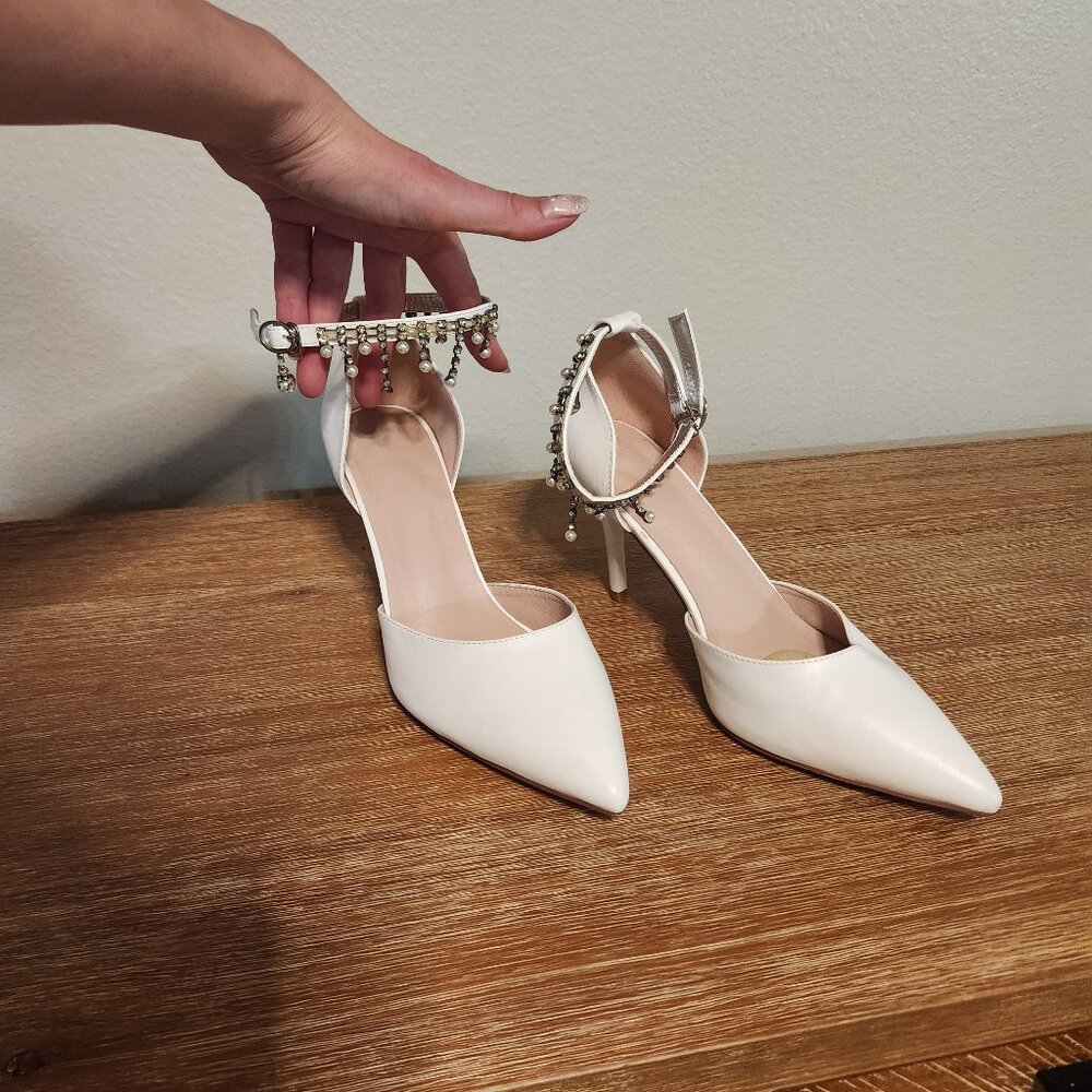Pointed Toe Pumps High Heel Ankle Strap Dress Shoes Wedding Party Pump w/ Pearls